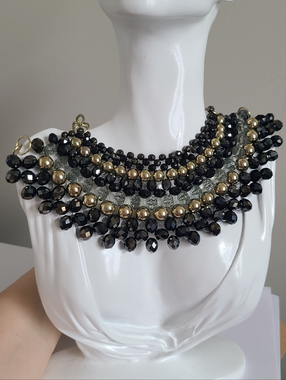 Vintage Bohemian Cleopatra Egyptian Black Gold Beaded Bib Collar Chain Necklace